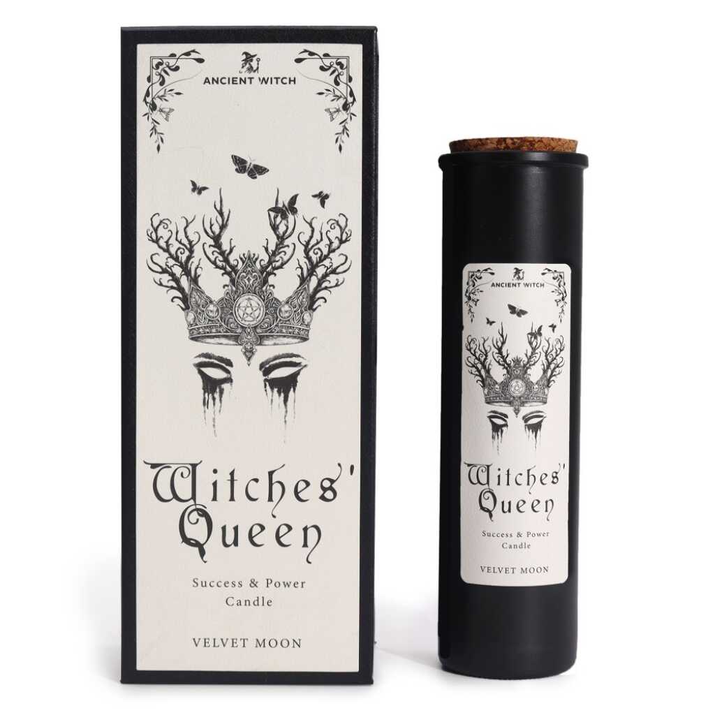 an ancient witch ritual candle with packaging on a light background