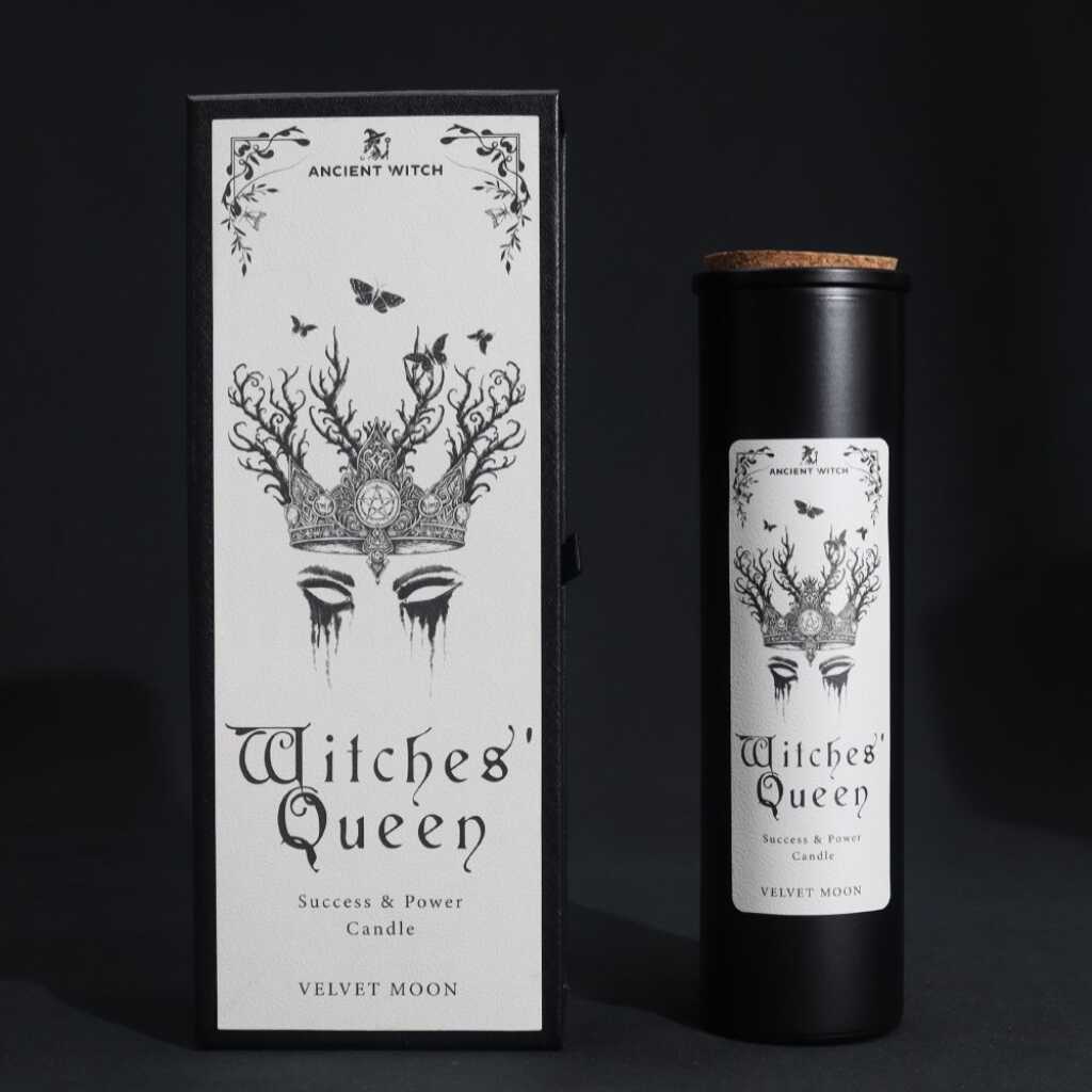 an ancient witch ritual candle with packaging on a dark background