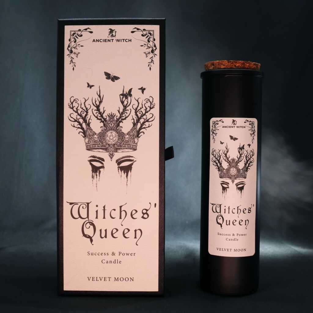 an ancient witch ritual candle with packaging on a dark background