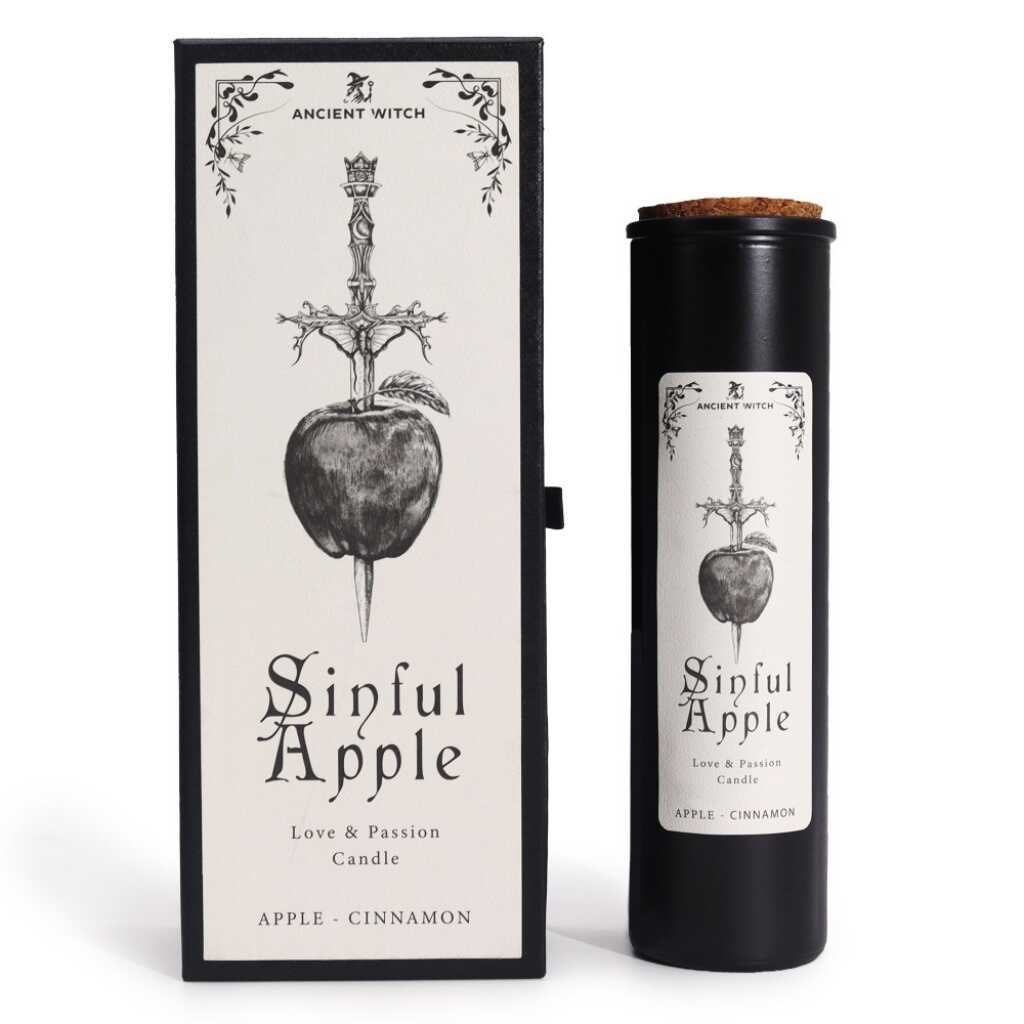 an ancient witch ritual candle with packaging on a light background