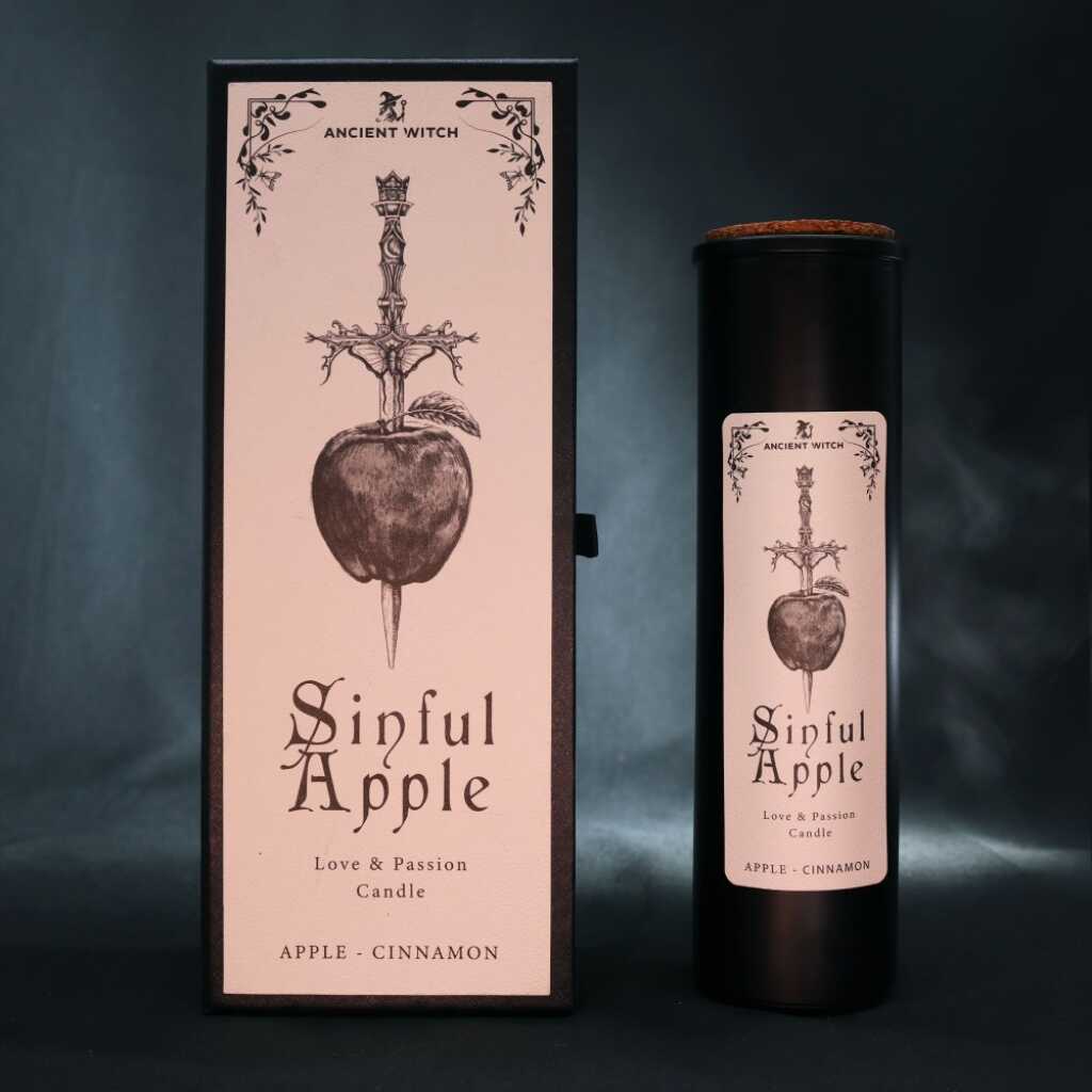 an ancient witch ritual candle with packaging on a dark background