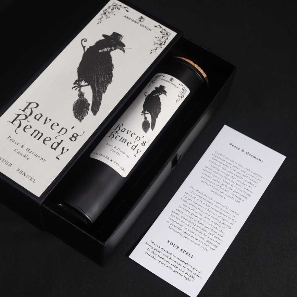 an ancient witch ritual candle with packaging on a dark background