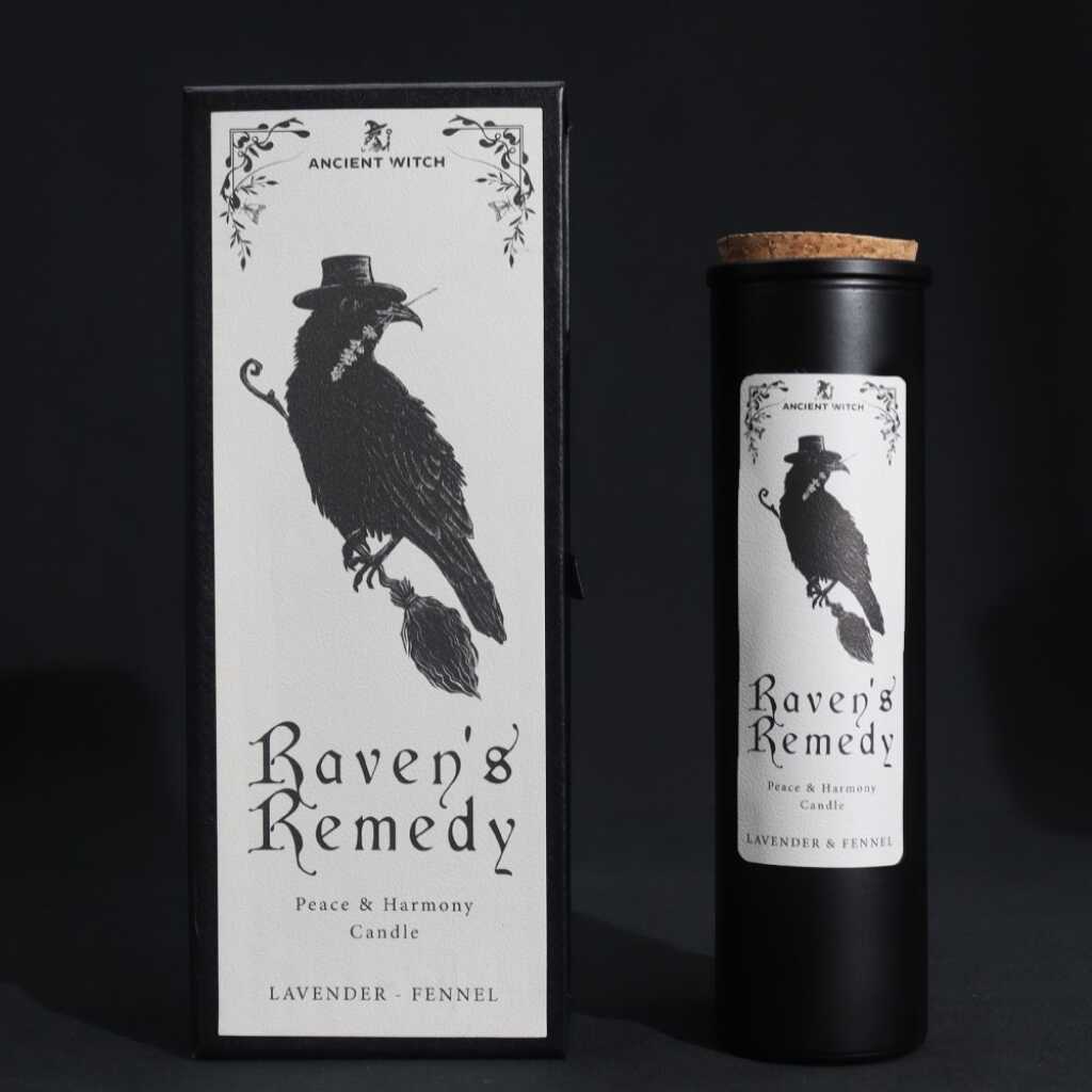 an ancient witch ritual candle with packaging on a dark background