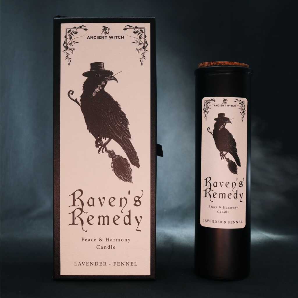an ancient witch ritual candle with packaging on a dark background