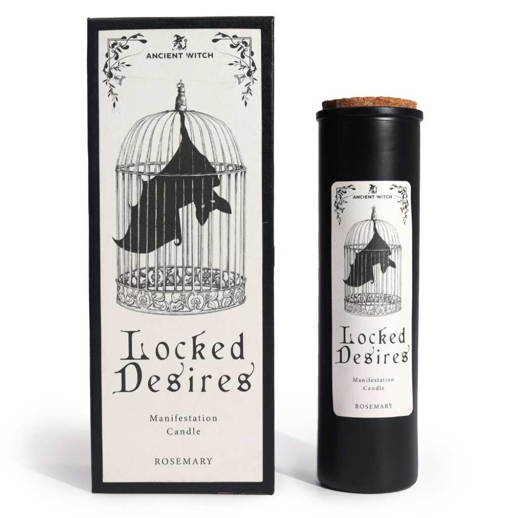 an ancient witch ritual candle with packaging on a white background
