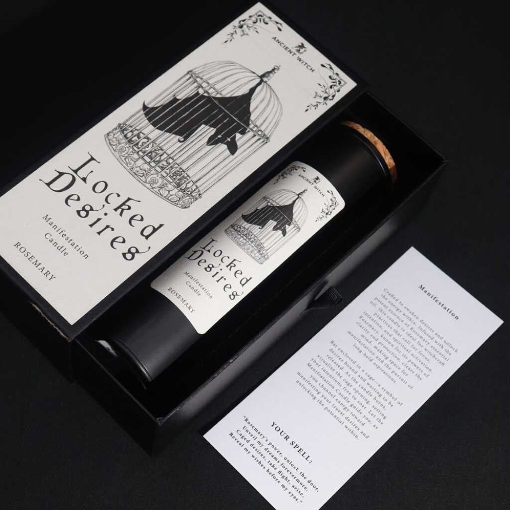 an ancient witch ritual candle with packaging on a dark background