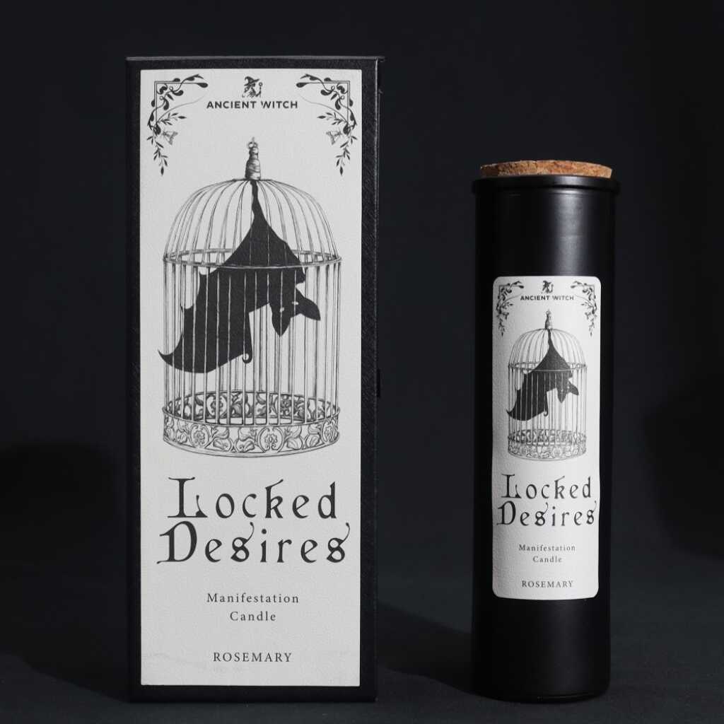 an ancient witch ritual candle with packaging on a dark background