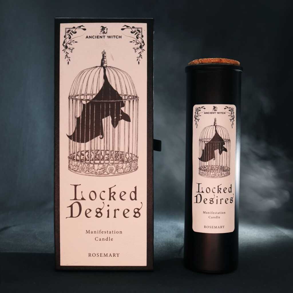 an ancient witch ritual candle with packaging on a dark background