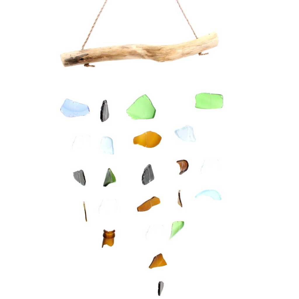 Driftwood and reclaimed glass wind chimes with five strings of beads.