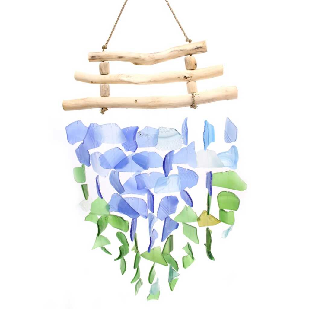Driftwood and reclaimed glass wind chimes with three driftwood sticks and blue and green glass