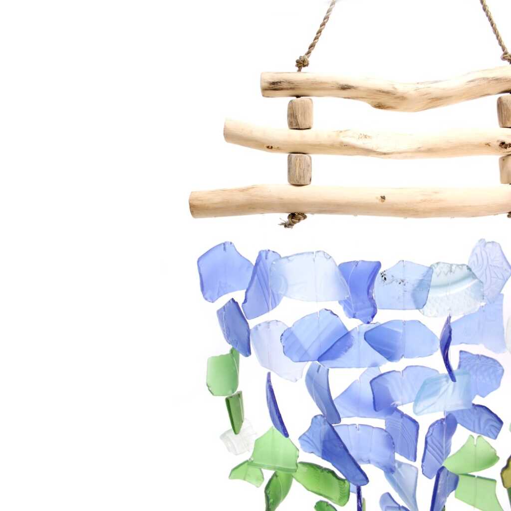 Driftwood and reclaimed glass wind chimes with three driftwood sticks and blue and green glass
