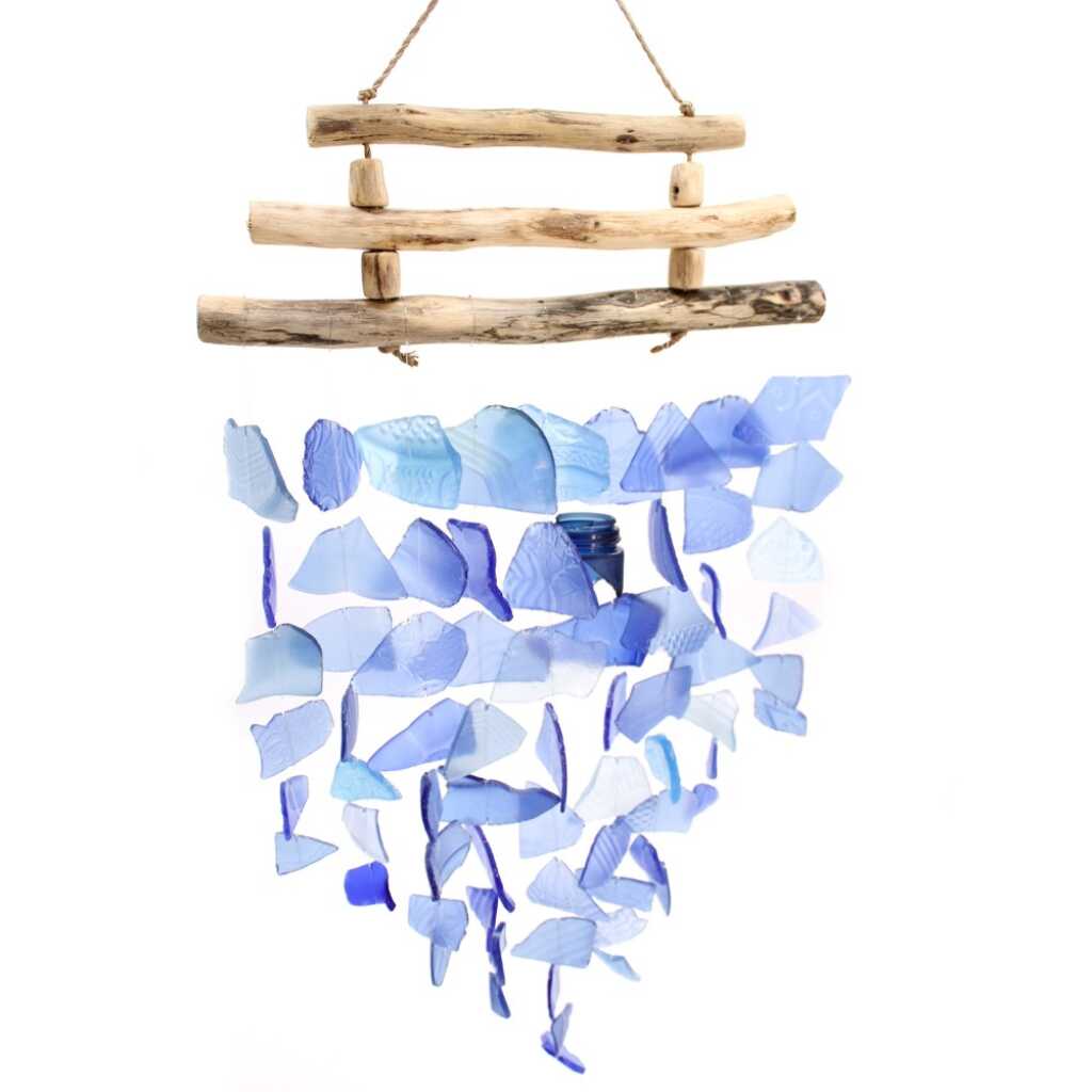 Driftwood and reclaimed glass wind chimes with three driftwood sticks and blue glass