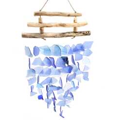 Driftwood and reclaimed glass wind chimes with three driftwood sticks and blue glass