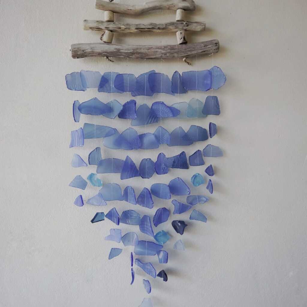 Driftwood and reclaimed glass wind chimes with three driftwood sticks and blue glass