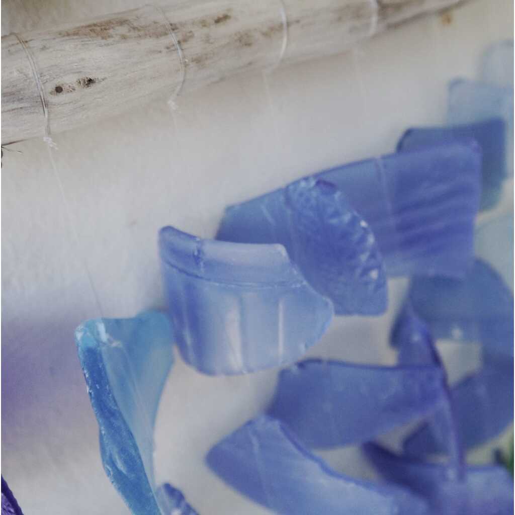 Driftwood and reclaimed glass wind chimes with three driftwood sticks and blue glass