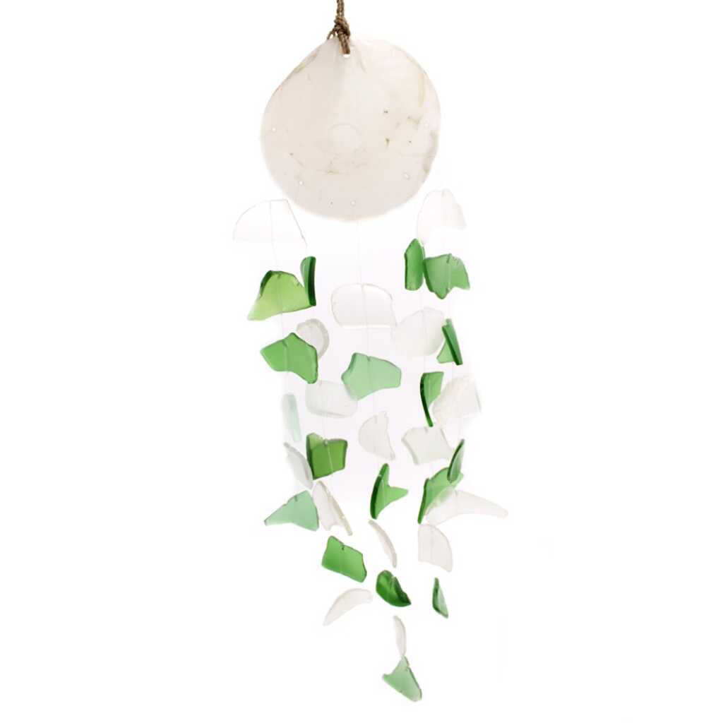 Reclaimed glass wind chimes with green and white glass