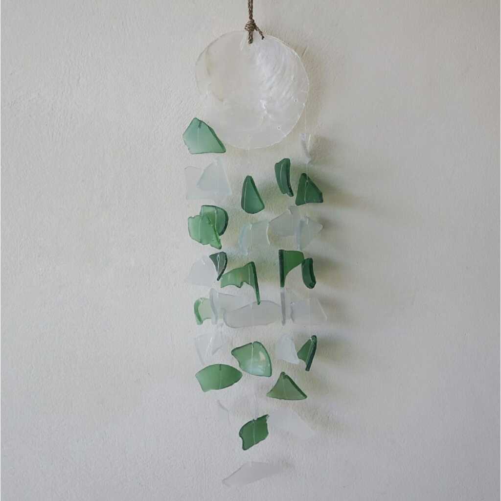 Reclaimed glass wind chimes with green and white glass