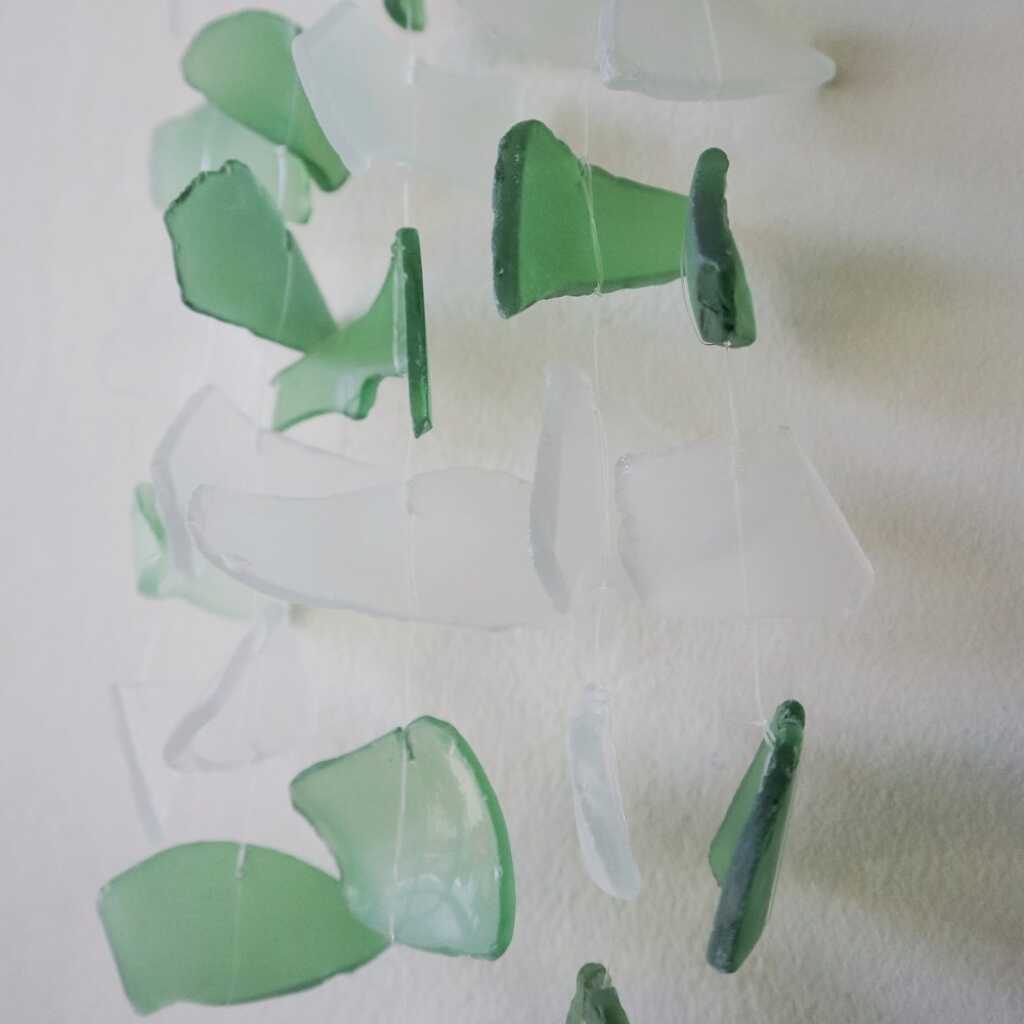Reclaimed glass wind chimes with green and white glass