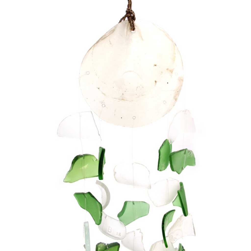 Reclaimed glass wind chimes with green and white glass