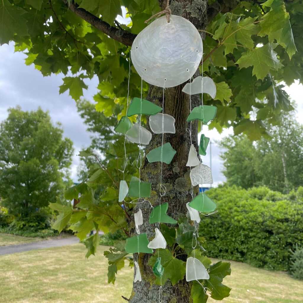 Reclaimed glass wind chimes with green and white glass