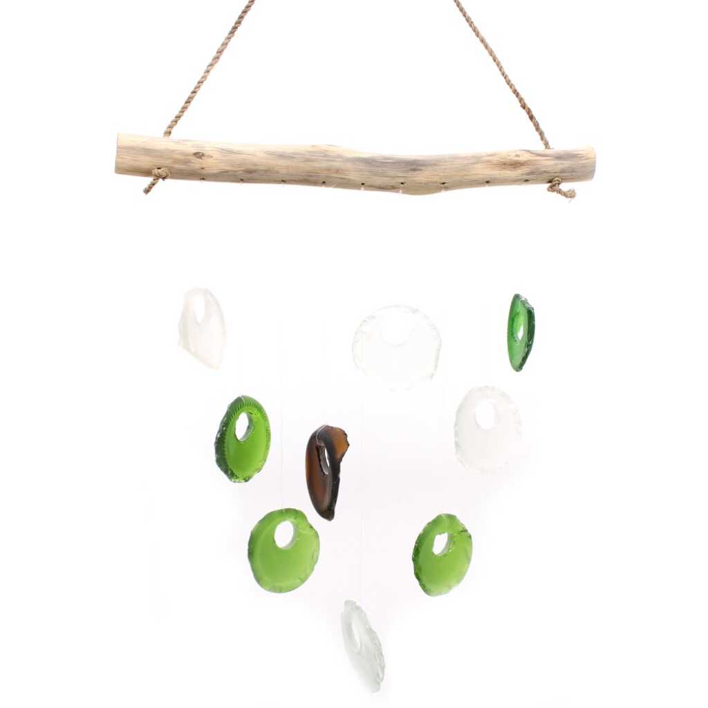 Driftwood and reclaimed glass wind chimes with one driftwood stick and assorted glass