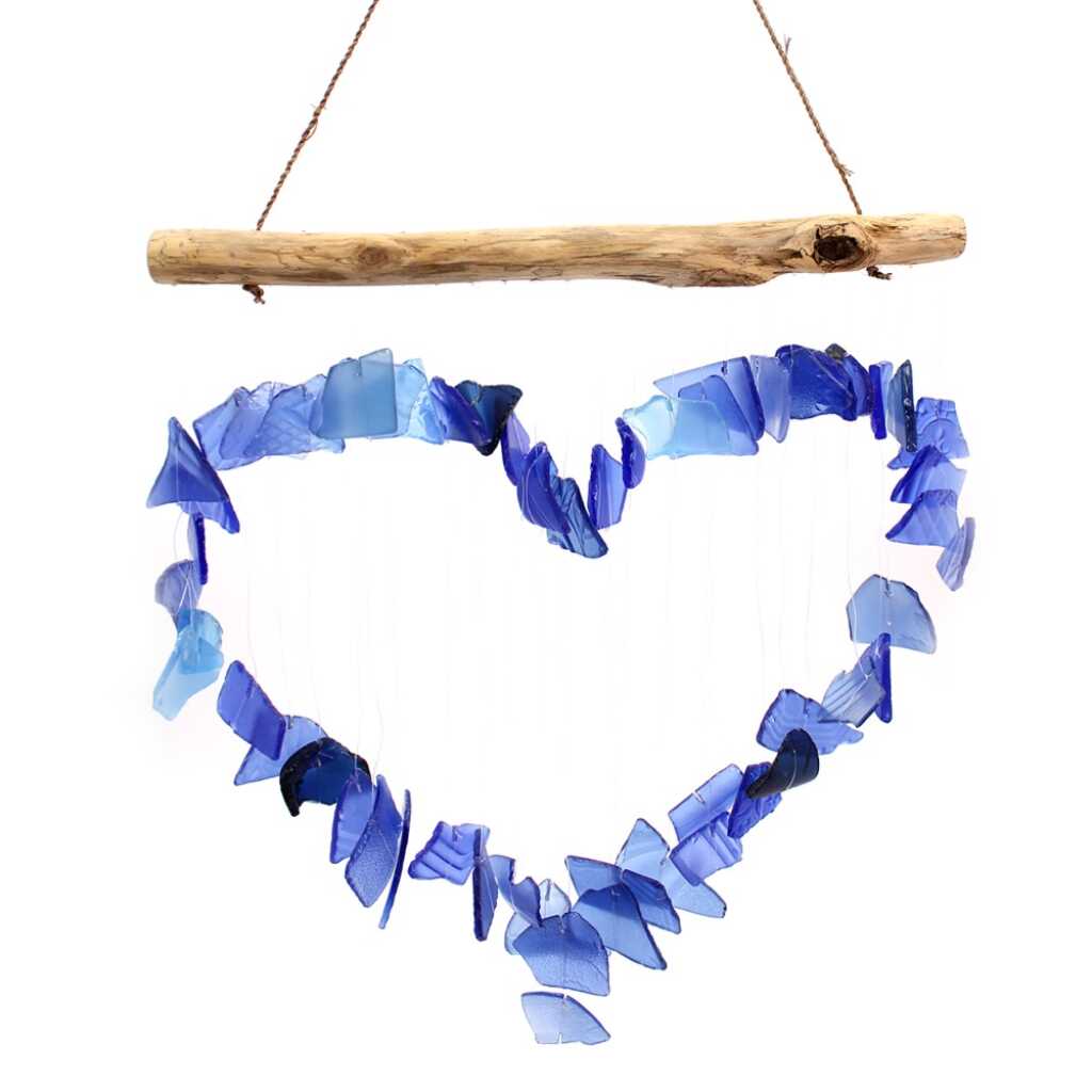 Driftwood and reclaimed glass wind chimes with one driftwood stick and a love heart made from blue glass