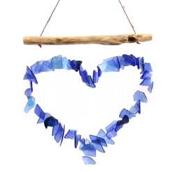 Driftwood and reclaimed glass wind chimes with one driftwood stick and a love heart made from blue glass