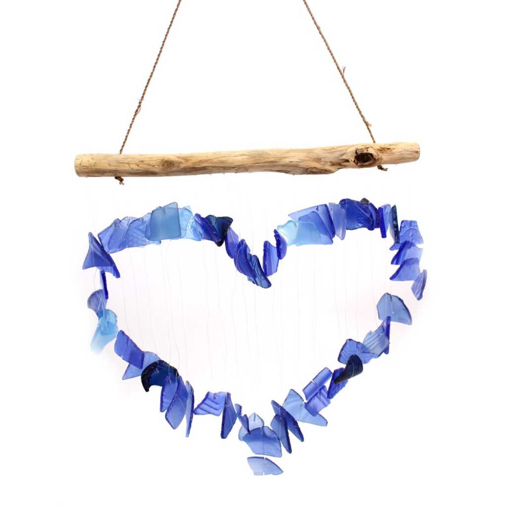 Driftwood and reclaimed glass wind chimes with one driftwood stick and a love heart made from blue glass