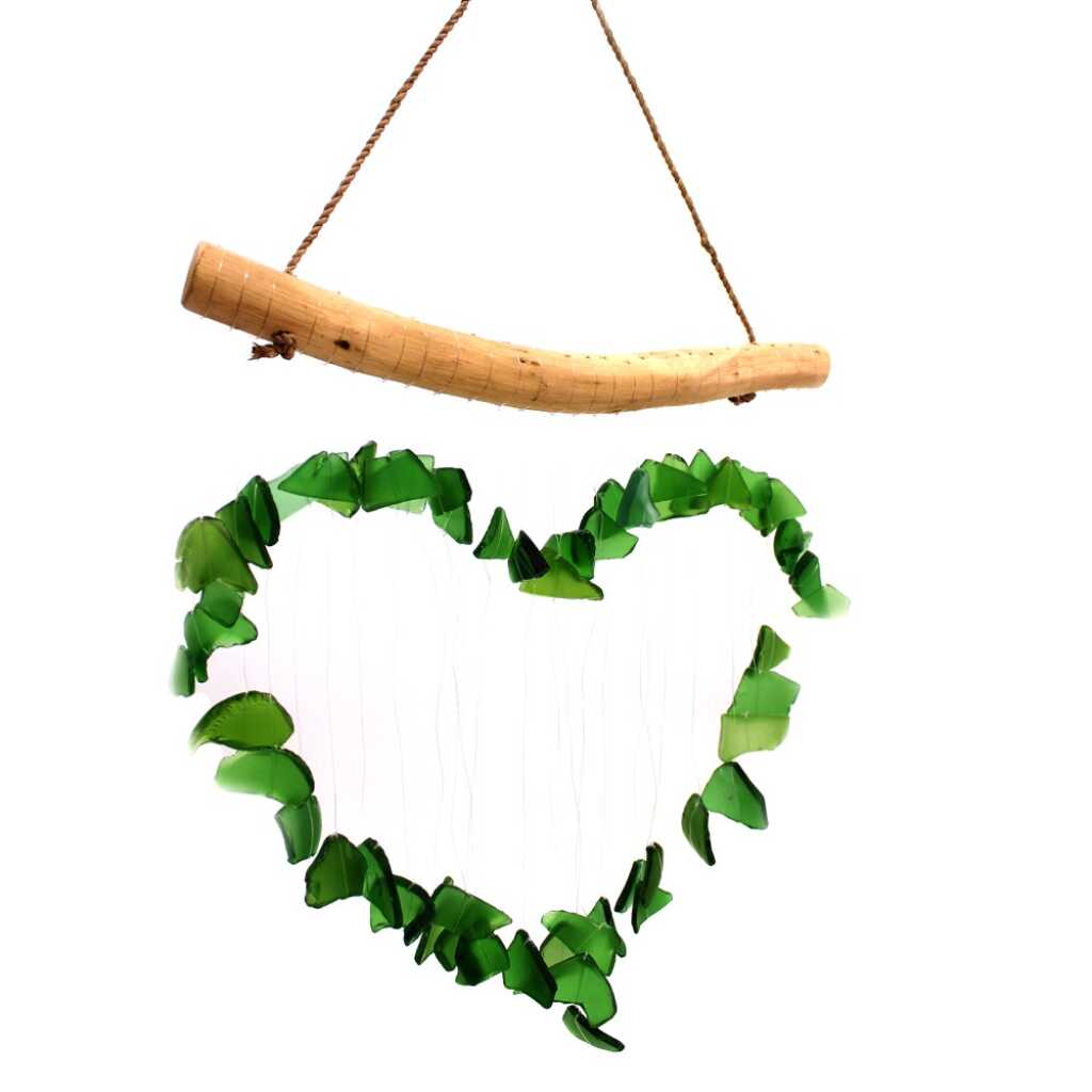Driftwood and reclaimed glass wind chimes with one driftwood stick and a love heart made from green glass