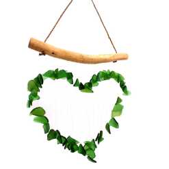 Driftwood and reclaimed glass wind chimes with one driftwood stick and a love heart made from green glass