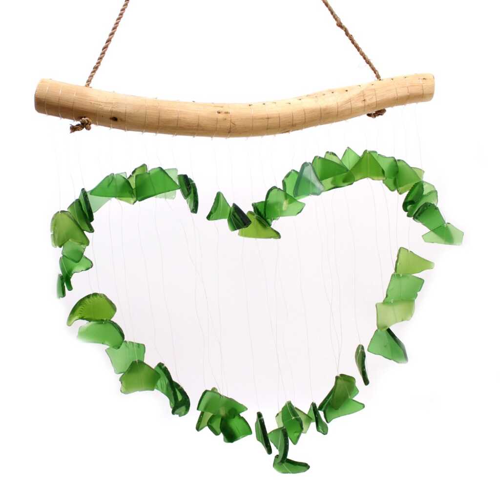 Driftwood and reclaimed glass wind chimes with one driftwood stick and a love heart made from green glass