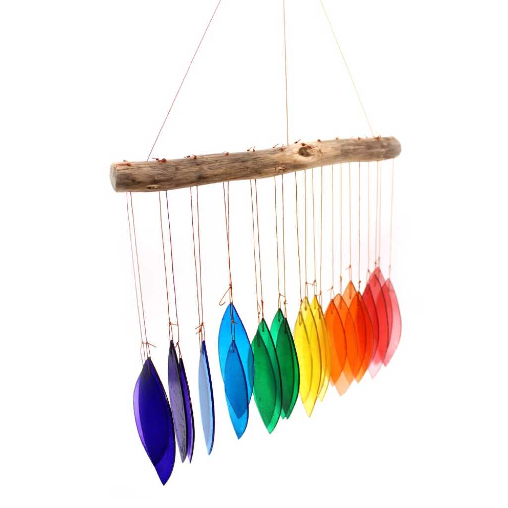 Driftwood and reclaimed glass wind chimes with one driftwood stick and a rainbow selection of coloured glass