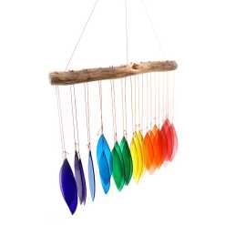 Driftwood and reclaimed glass wind chimes with one driftwood stick and a rainbow selection of coloured glass