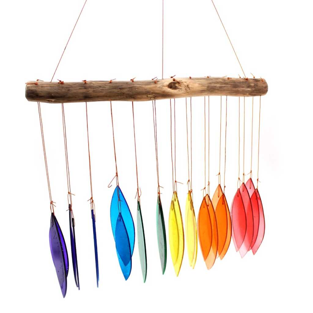 Driftwood and reclaimed glass wind chimes with one driftwood stick and a rainbow selection of coloured glass
