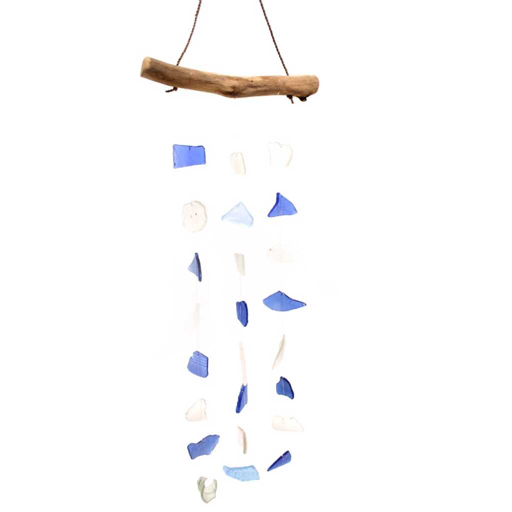 Driftwood and reclaimed glass wind chimes with three strings of beads.