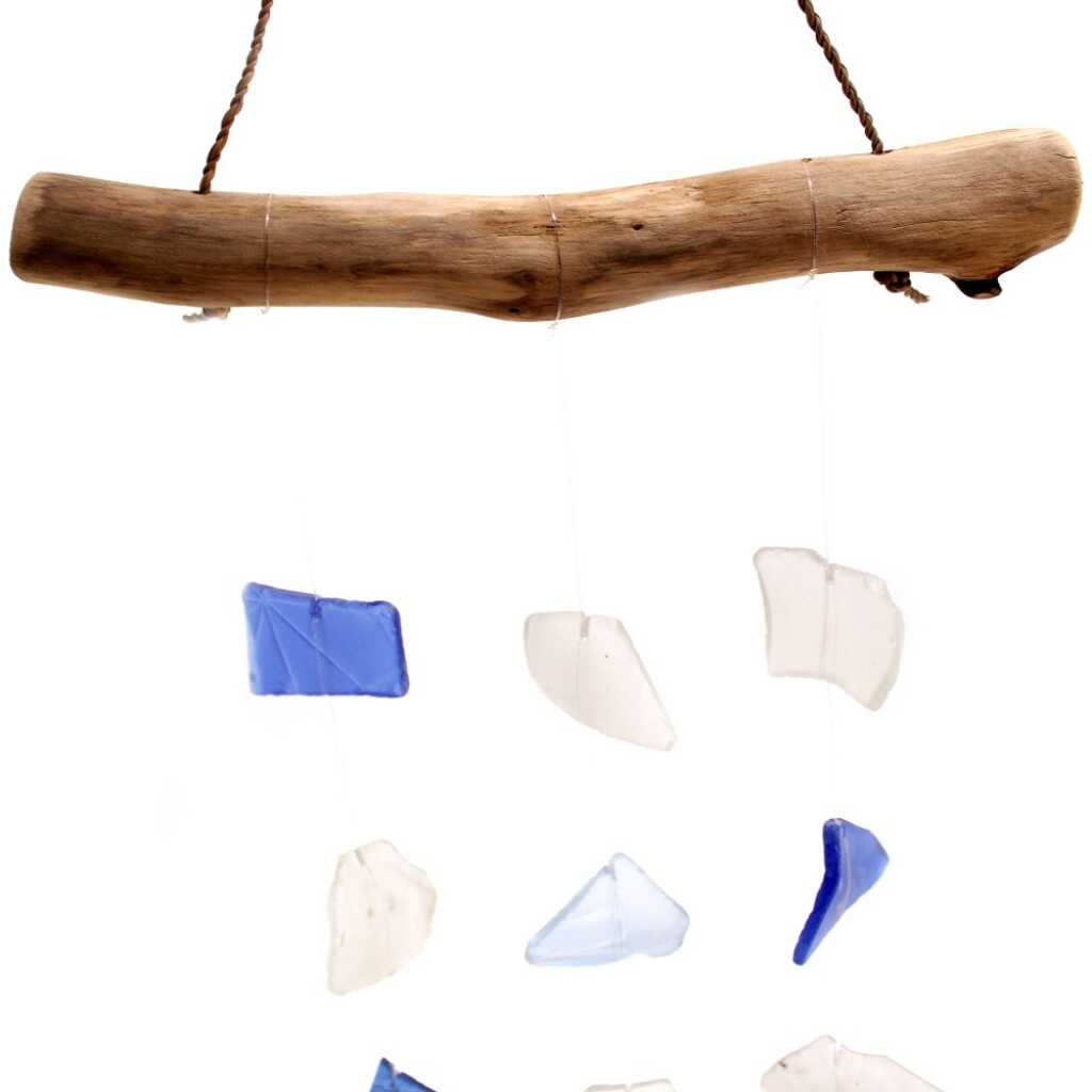 Driftwood and reclaimed glass wind chimes with three strings of beads.