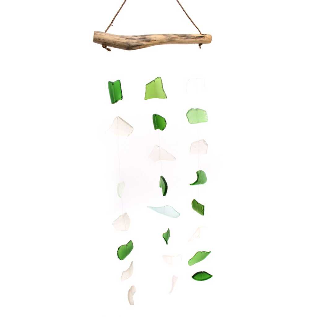 Driftwood and reclaimed glass wind chimes with three strings of beads.