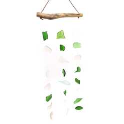 Driftwood and reclaimed glass wind chimes with three strings of beads.