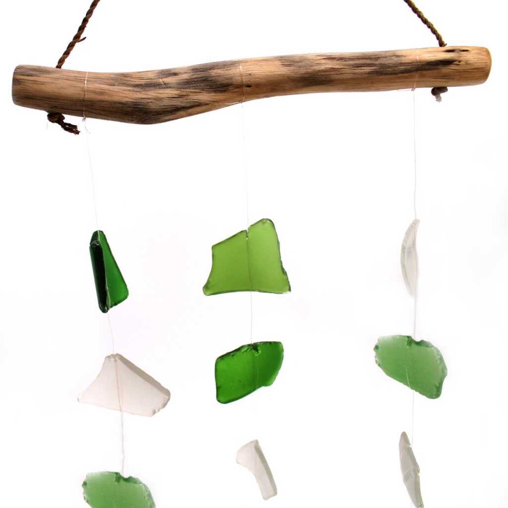 Driftwood and reclaimed glass wind chimes with three strings of beads.