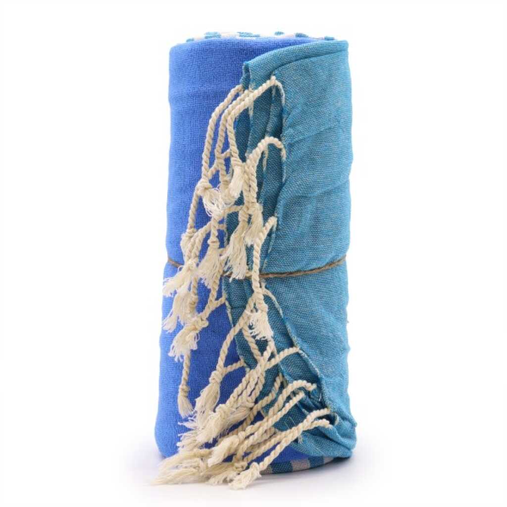a rolled up, sky blue cotton pareo towel
