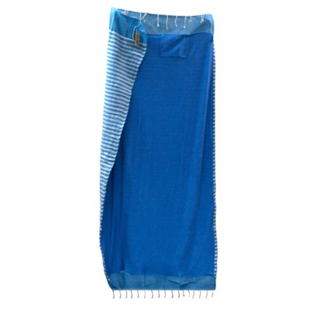 a sky blue cotton pareo towel, onrolled and showing both sides