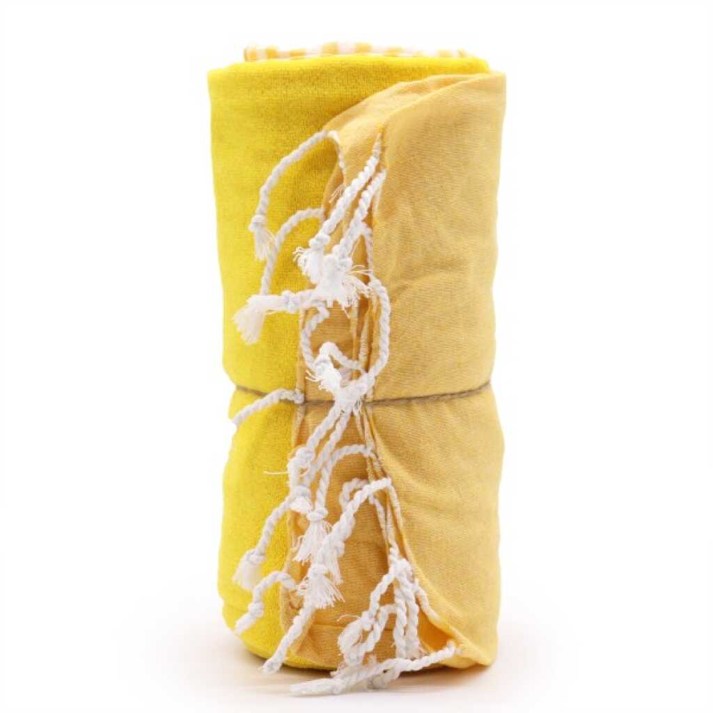 a rolled up, sunny yellow cotton pareo towel