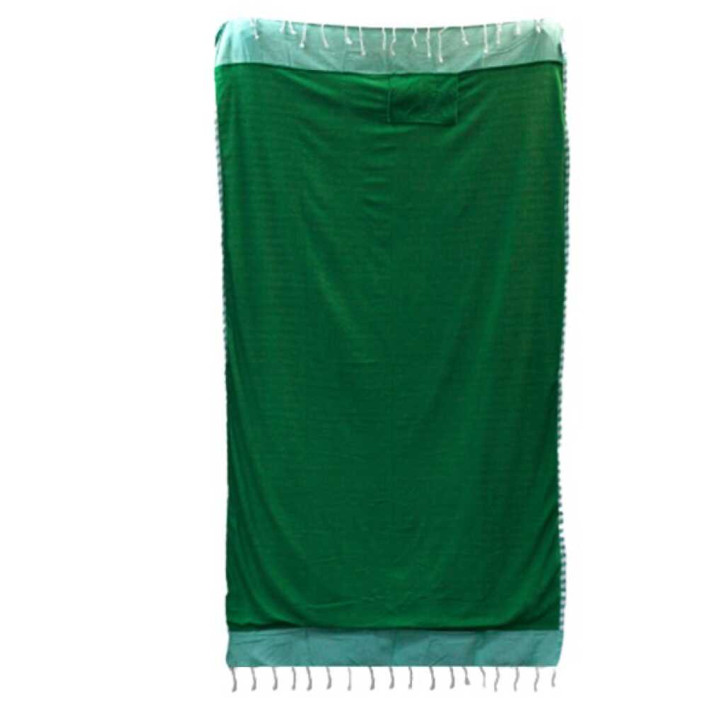 a picnic green cotton pareo towel, unrolled and showing the terry towelling
