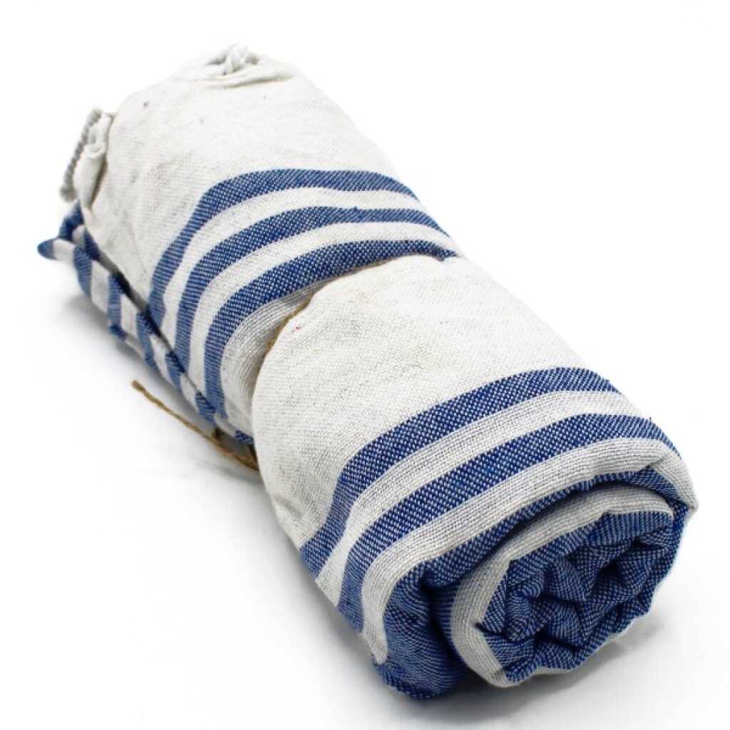Hammam Spa towel in ocean blue colour, rolled up