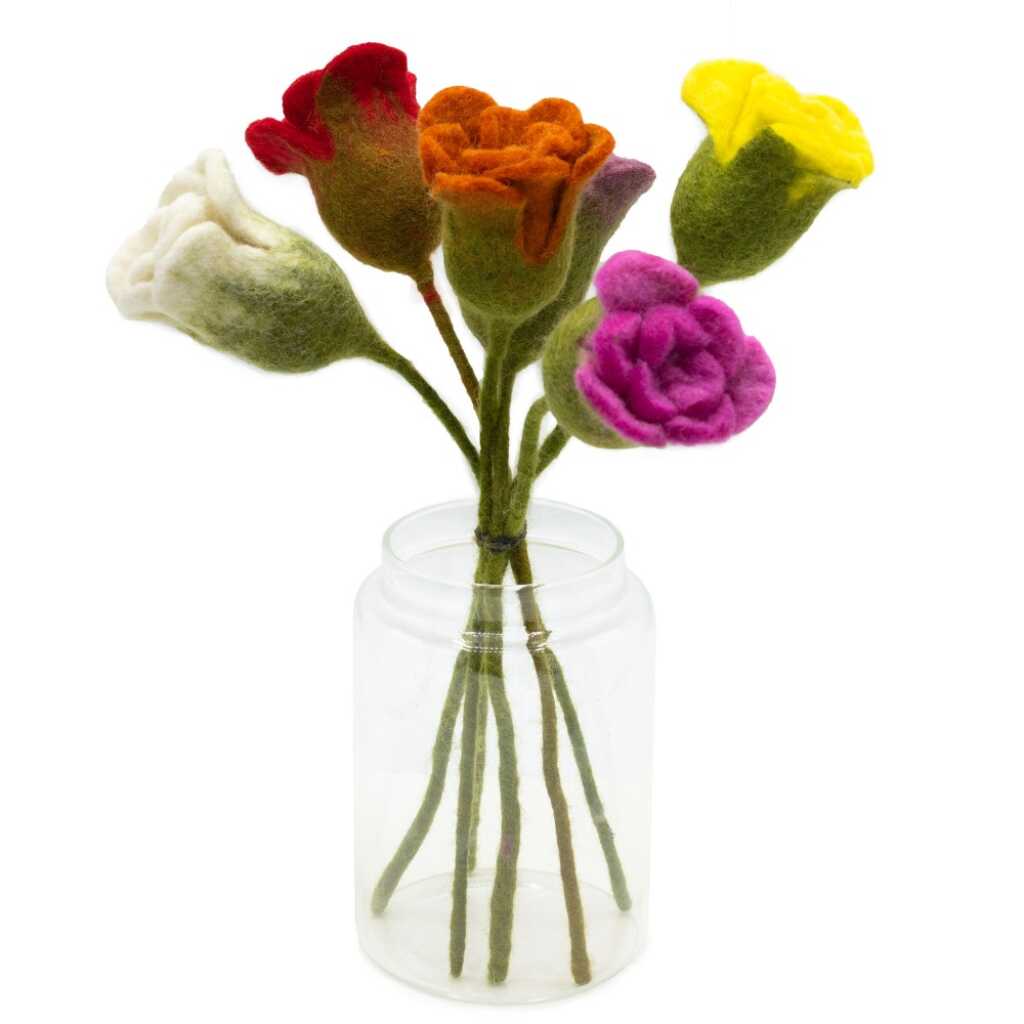 six felt roses in assorted colours
