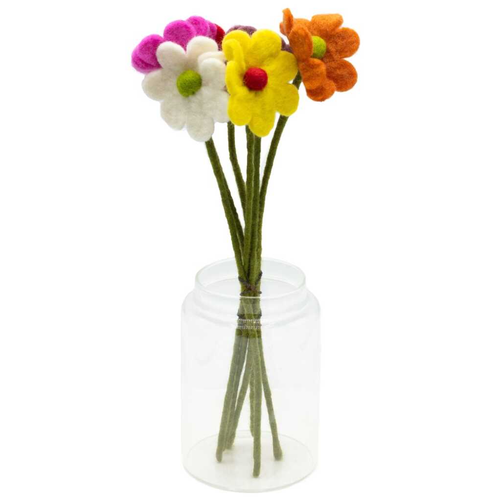 six felt daisies in assorted colours